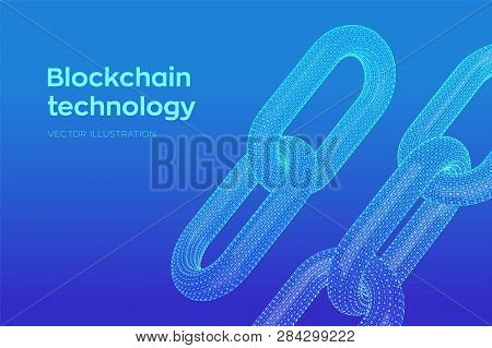 Block Chain. Crypto Currency. Hyperlink Chain. Blockchain Concept. 3d Wireframe Chain With Digital C