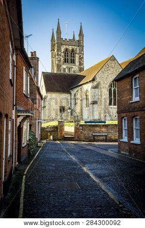 Typical Street With Church In Farnham Surrey In South Of England