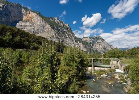 The Sarca River With Old Dam In The Sarca Valley - Trentino Alto Adige, Italy, Europe