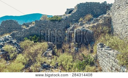 Ruins Of An Ancient Fortress In The Mountains Near Borsh, Albania
