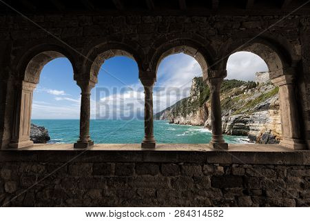 Coastline And The Mediterranean Sea. Church Of San Pietro (1198) In Portovenere (unesco World Herita