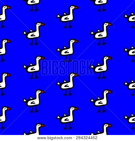 Primitive Ducks Hand Drawn Seamless Pattern With Blue Font