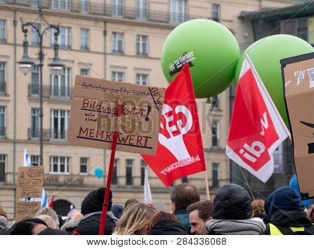 Berlin, Germany - February 13, 2019: Demonstration Of German Trade Unions Verdi, Gew, Gdp At Branden