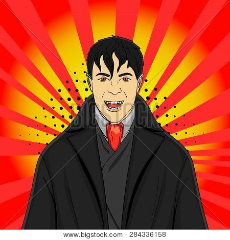 Pop Art Man Vampire In A Suit On A Red Background. Imitation Comic Style, Raster