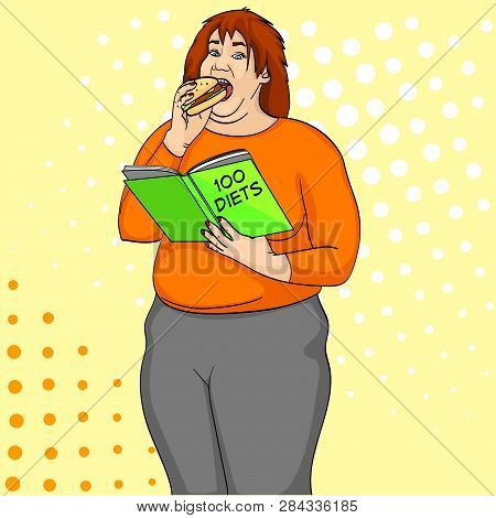 Fat Girl Eat Burger And Reads Book About How To Lose Weight Pop Art Retro Raster. Comic Book Style I