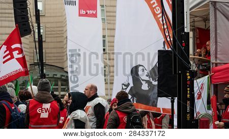 Berlin, Germany - February 13, 2019: Demonstration Of German Trade Unions Verdi, Gew, Gdp At Branden