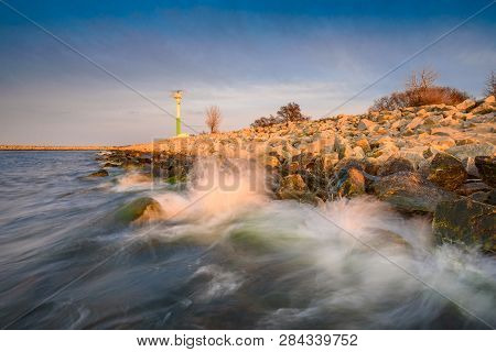 Sea Waves Crashing Against The Rocks In Gorki Zachodnie, Baltice Sea, Gdansk, Poland.