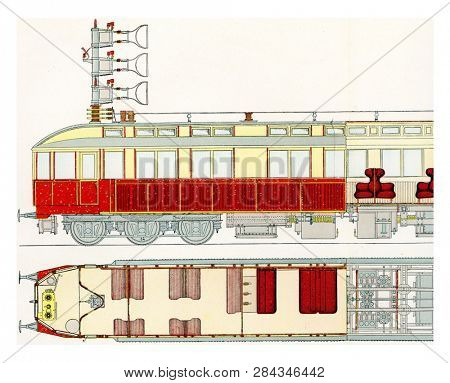 Section of a motor car fast test railway Marienfelde-Zossen, vintage engraved illustration. From the Universe and Humanity, 1910.