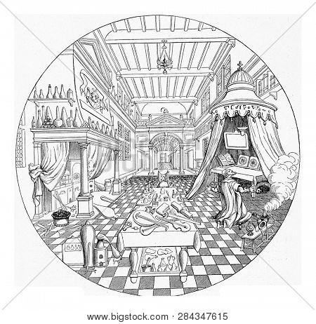 Alchemist, vintage engraved illustration. From the Universe and Humanity, 1910.