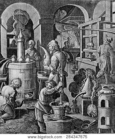 A distillery in the sixteenth century, vintage engraved illustration. From the Universe and Humanity, 1910.