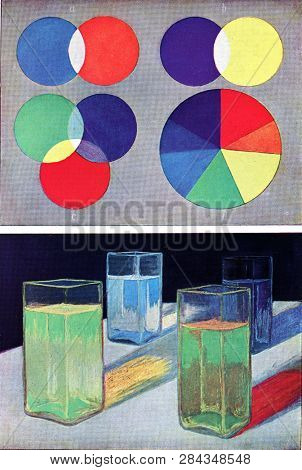 Complementary colors and colors of fluorescent liquids, vintage engraved illustration. From the Universe and Humanity, 1910.
