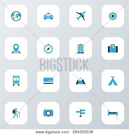 Traveling Icons Colored Set With Doss, Camera, Sunny And Other Bed Elements. Isolated  Illustration 