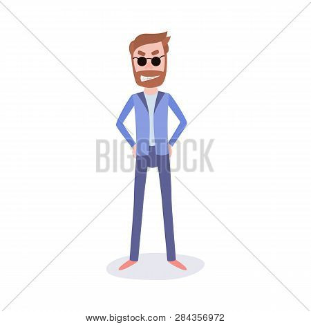 Young Bearded Man In Business Suit Nd Sunglasses With Insidious Smirk On Face.