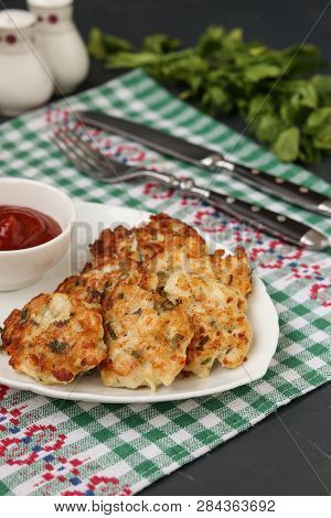 Homemade Chicken Patties. Chicken Fillet Is Fried And Served With Tomato Sauce