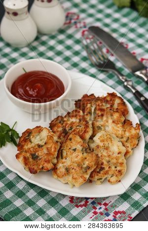 Homemade Chicken Patties. Chicken Fillet Is Fried And Served With Tomato Sauce
