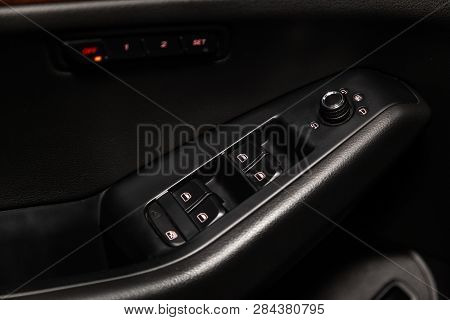 Novosibirsk, Russia - February 15, 2019:  Audi Q5,close-up Of The Side Door Buttons: Window Adjustme