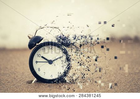 Pixelated Effect Of Clock Face Over Beach Background And Sandy Beach For Time Management Concept