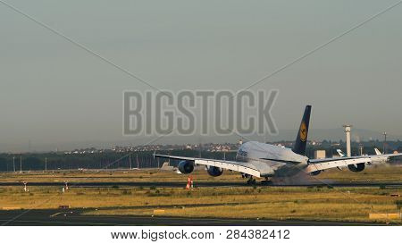 Frankfurt Am Main, Germany - July 19, 2017: Rear View Of Airbus A380-800 D-aime Of Lufthansa Airline