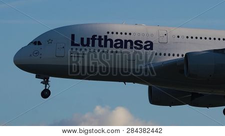 Frankfurt Am Main, Germany - July 19, 2017: Close-up Of Airbus A380-800 D-aime Of Lufthansa Airlines