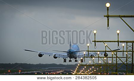 Amsterdam, Netherlands - July 28, 2017: Rear View Of Jumbojet Boeing 747 Of Klm Airlines Landing At 