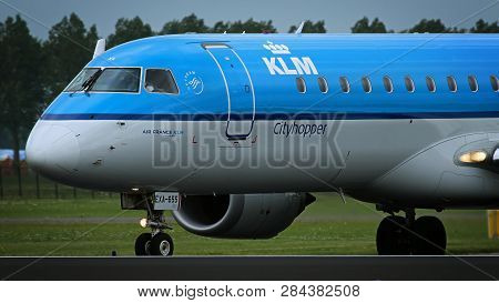 Amsterdam, Netherlands - July 26, 2017: Close-up Of Embraer Erj-190std Ph-exa Of Klm Airlines Ride A