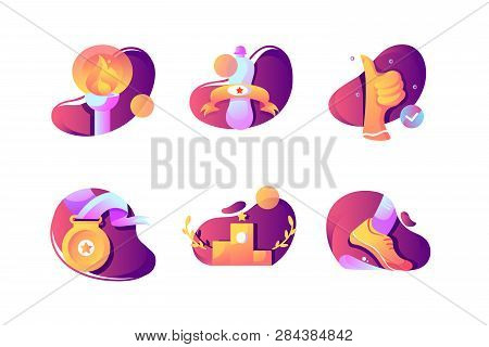 Set Icons With Winner Medal, Runner Foot, Like Hand, Pedestal, Olympic Flame In Torch. Concept Colle