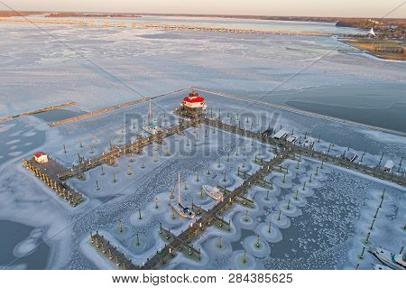 Aerial View Of Frozen Choptank River And Lighthouse