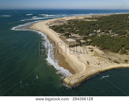 Aerial View, Erosion Of The Coastline At The Tip Of Cap Ferret, Bay Of Arcachon, Sand Dune, Gironde,