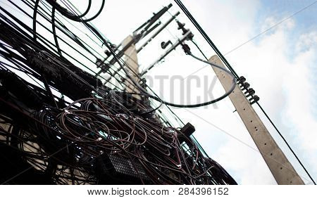 Electrict Line On Attena On Road In Bangkok City