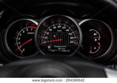 Novosibirsk, Russia - February 15, 2019: Suzuki Grand Vitara,close-up Of The Dashboard, Speedometer 
