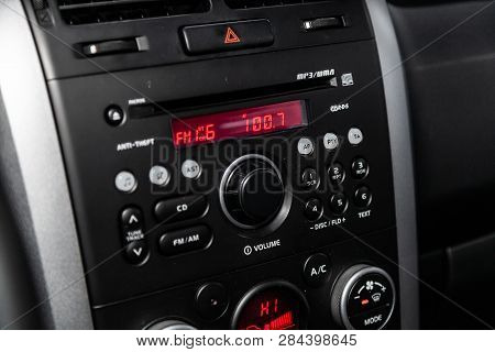 Novosibirsk, Russia - February 15, 2019: Suzuki Grand Vitara,close-up Of The Dashboard, Radio, Playe