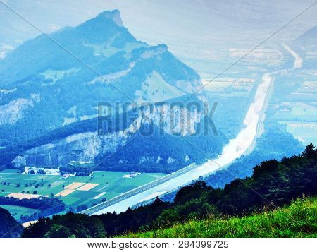 View Of The River Rhine Valley (rheintal) From The Gonzen Mountain - Canton Of St. Gallen, Switzerla