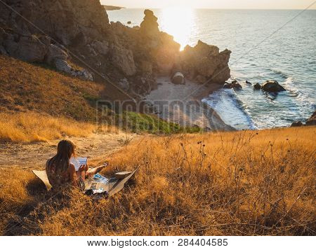 The Artist Draws The Sea, Rus Sea Bay. Downstairs Is Her Tent
