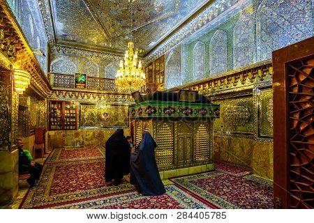 Shiraz, Iran 24th October 2017 Shah Cheragh, View On Muslim Woman Praying Inside Mosque