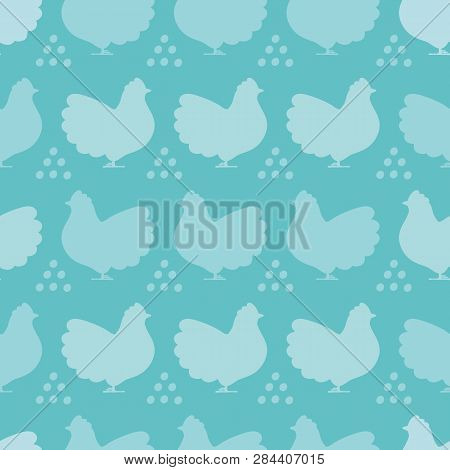 Vector Blue Hens And Eggs Silhouette Seamless Repeat Pattern Background.