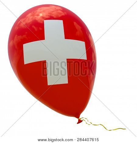 Balloon With The Image Of The National Flag Of Switzerland. 3d Rendering, Illustration Isolated On W