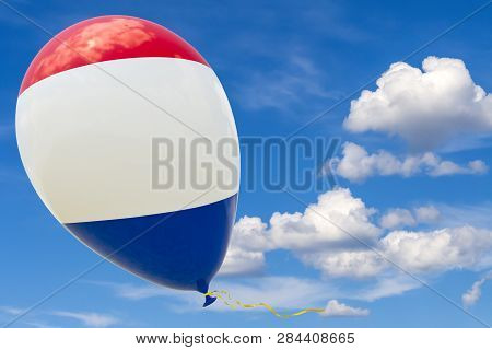 Balloon With The Image Of The National Flag Of France, Flying Through The Blue Sky. 3D Rendering, Il