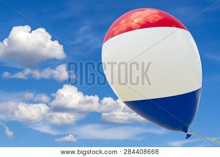 Balloon With The Image Of The National Flag Of France, Flying Through The Blue Sky. 3D Rendering, Il
