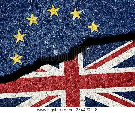 Brexit Concept, Crack In The Asphalt Dividing Ue And Gb Flags