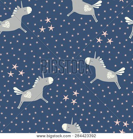 Sweet Vector Unicorns And Stars Seamless Repeat Pattern Background.