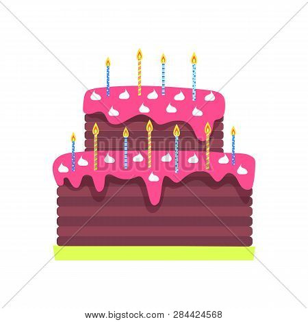 Birthday Cake With Burning Candles Vector Isolated Icon. Sweet Dessert With Pink Topping And Marshma