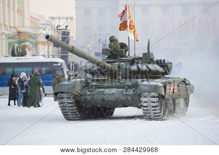Saint Petersburg, Russia - January 24, 2019: Tank T-72b3 Closeup On Palace Square. General Rehearsal