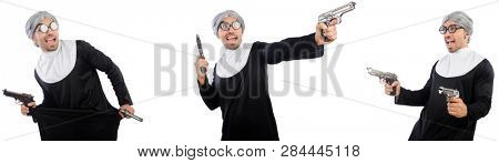 Man in nun dress with handgun