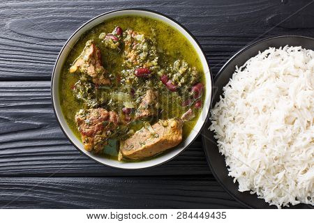 Ghormeh Sabzi Persian Herb Stew With Meat And Beans Closeup In A Bowl. Horizontal Top View