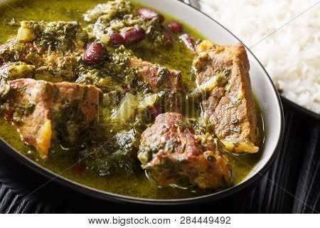 Ghormeh Sabzi Lamb Stew Meat With Different Herbs And Beans Closeup In A Bowl. Horizontal