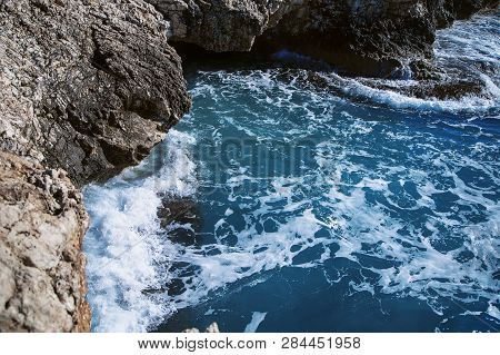 Beautiful Closeup View On A Scenery Rocks Sea Waves Of Mediterranean Sea In Cyprus Aiya Napa