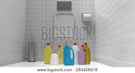 Variety Of Blank No Name Plastic Bottles With Detergents, Wc Background, 3D Illustration