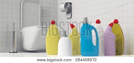 Variety Of Blank No Name Plastic Bottles With Detergents, Wc Background, Banner. 3D Illustration