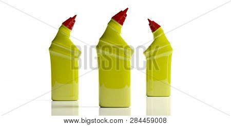 Toilet Liquid Detergent In Yellow No Name Plastic Bottles, Isolated On White Background. 3D Illustra