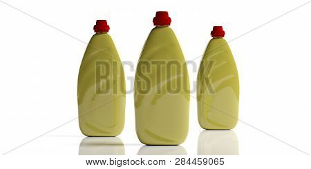 Dish Soap, Dishwashing Detergent In Yellow Blank Bottles, Isolated On White Background. 3D Illustrat